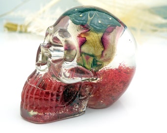 Moth and Rose Resin Skull, Real Dried Rose, Skull Form, Clear, Black Moth, Skull Paperweight, Floral Skull, Rose Skull, Pink Moss, Rose Art