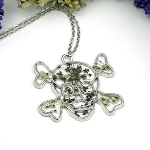 Skull and Cross Bones Botanical Necklace, Real Pressed Flowers,  Resin