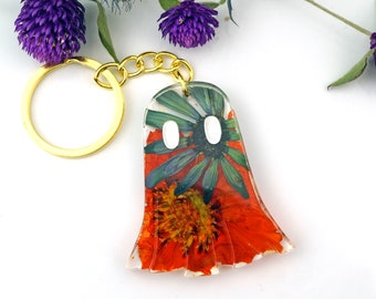 Orange and Navy Floral Ghost Keychain, Real Flower Ghost, Halloween Keychain, Unique Fall Keychain, Ghost Lover Gift, Spooky Season Gift