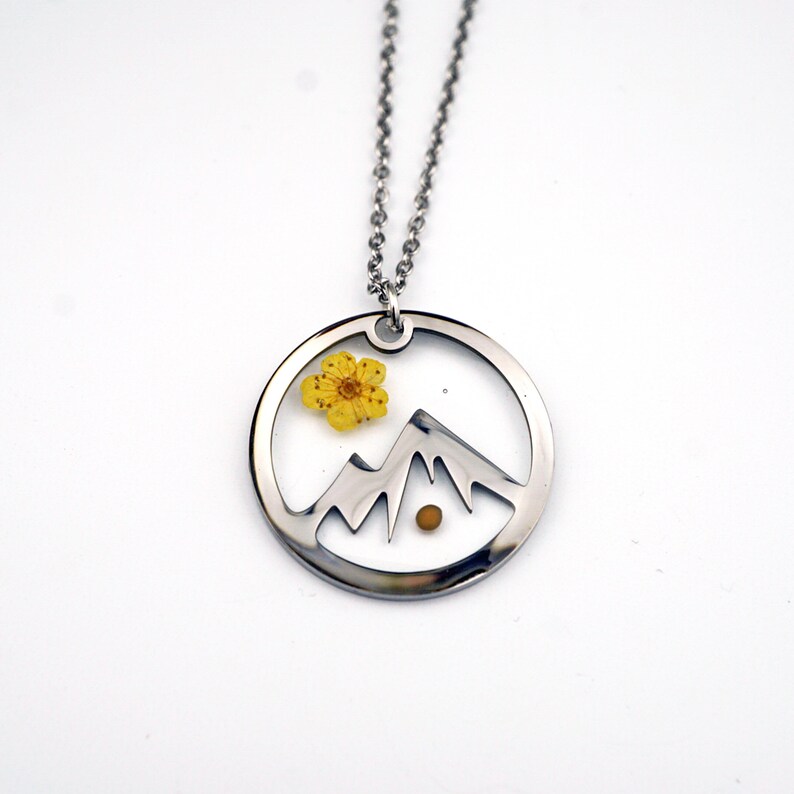 Mountain Mustard Seed Necklace, Real Pressed Flower, Yellow Flower, Move Mountains, Faith Necklace 