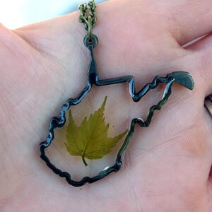West Virginia Pendant Necklace, WV Botanical, Botanical Jewelry, Pressed Flower Jewelry, Flor Pendant, Monarch, Maple, Coal, Blue and Gold Spring Maple