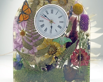 Floral Arch Clock, Terrarium Clock, Real Moss Decor, Dried Flower Mantle Piece, Arch Clock, Real Flowers, Luna Moth, Snail Shell, Monarch