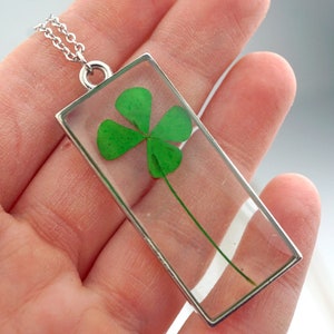 Four Leaf Clover Necklace, Real Four leaf Clover, Luck Pendant, St. Patricks Day jewelry, gold leaf resin pendant Silver Plated