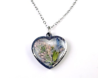 Real Flower Heart Necklace, Pressed Flowers, Caspia and Lavender, Pink and Purple floral heart, Floral Heart, Stainless Steel, Dainty