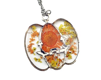 Silver Jack-O-Lantern Necklace,  Real Pressed Flowers, Pumpkin Pendant, Stainless Steel, Halloween Necklace, Autumn Theme, Fall Necklace