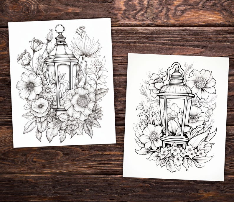 56 Blooming Lanterns Coloring Book Pages for Kids Adults, – Floral ...