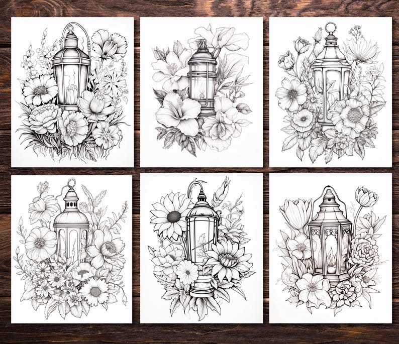 56 Blooming Lanterns Coloring Book Pages for Kids Adults, – Floral ...