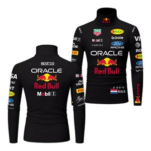 May include: Black long-sleeve turtleneck shirt featuring the Red Bull Racing logo and sponsor logos. The shirt has a high collar and is adorned with various brand emblems, including Oracle and Mobil 1. The design incorporates the Dutch flag.