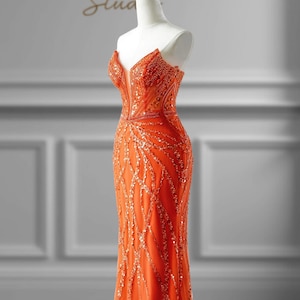 Orange Beaded Evening Gown, Sequin Tulle Prom Dress, Strapless Corset Back Formal Ball Gown, Mermaid Fit Sparkly Party Dress, Prom Gown