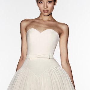 Trianon | Strapless Wedding Dress, Mikado And Tulle Ballgown, A-Line Full Skirt, Basque Waist, Sweetheart Neckline, Bow Belt, Button Back