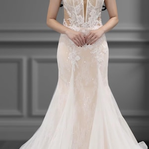 Strapless Wedding Dress With Sheer Corset Bodice, Lace Appliqué Detail, Tulle Mermaid Skirt, Sexy Bridal Gown With Illusion Sides