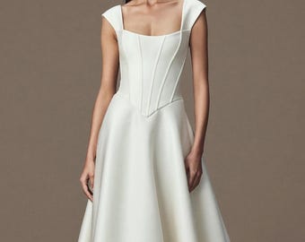 Rosalind / Vestido de novia de satén de seda duquesa, vestido de novia con escote cuadrado, corsé visible, cintura vasca, vestido de baile, hecho a medida