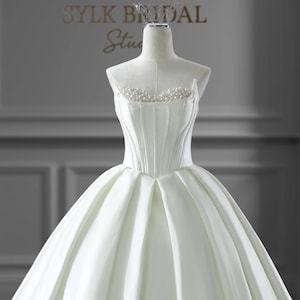 Strapless Wedding Dress With Pearl Bust Detail, Structured Corset Bodice, Satin Ballgown Skirt, Fairytale Bridal Gown With Lace-Up Back