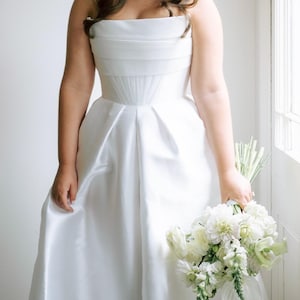Strapless Wedding Dress, Satin A-Line Gown, Modern Pleated Bodice, Clean Minimalist Bridal, Full Skirt with Back Buttons, Elegant Look