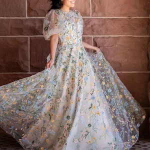 Pastel Floral Embroidered Gown, Puff Sleeve Tulle Dress, Cottagecore Wedding Dress, Fairycore Formal Outfit, A Line Floor Garden Gown
