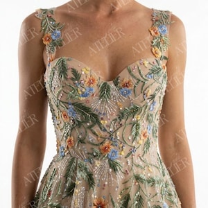 Beige Champagne Botanical Floral Wedding Dress, Unique Colorful Embroidery Sparkly Special Occasion Gown, Sweetheart Neckline Party Style