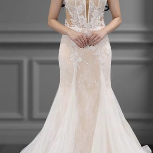 Strapless Wedding Dress With Sheer Corset Bodice, Lace Appliqué Detail, Tulle Mermaid Skirt, Sexy Bridal Gown With Illusion Sides
