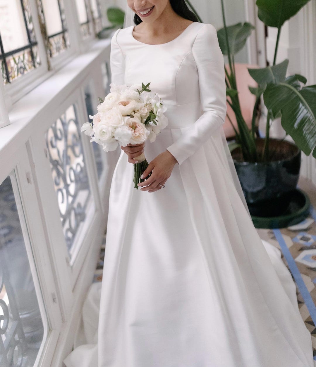 Modest Satin Wedding Dress, Long Sleeve A Line Bridal Gown With Large ...
