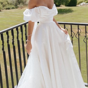 Off Shoulder Wedding Dress, Satin A-Line Gown, Puff Sleeve Bridal Dress, Romantic Draped Bodice, Elegant Train, Modern Fairytale Look
