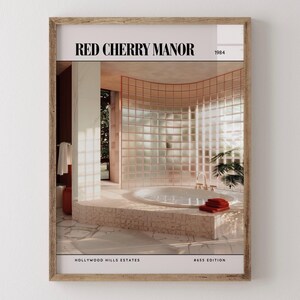 Red Cherry Manor / Poster di lusso per rivista di interior design anni '80, stampa artistica da parete vintage anni '80, arredamento estetico retrò