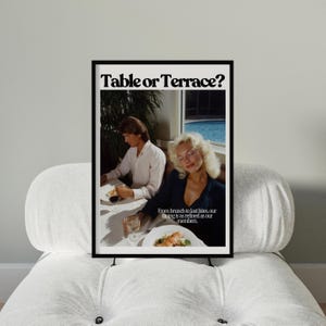 ¿Mesa o terraza? / Cartel publicitario de lujo de los años 80, impresión artística vintage de los años 80, decoración estética retro