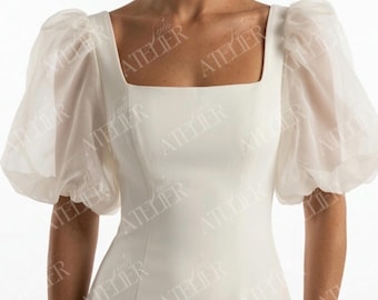 Crepe Square Neck Wedding Dress, Minimalist Sheath Bridal Gown, Voluminous Organza Puff Sleeves, Modern Romantic Couture Style
