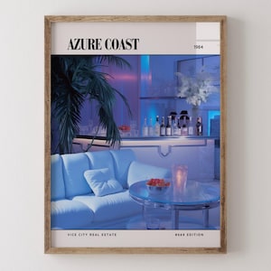 Azure Coast / Poster di lusso per riviste di interior design degli anni '80, stampa artistica da parete vintage anni '80, arredamento estetico retrò