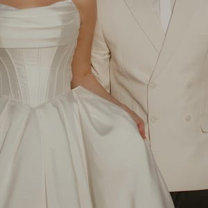 Strapless Satin Ballgown Wedding Dress, Corset Bodice Bridal Gown With Draped Neckline, Full Skirt Luxury Princess Wedding Dress