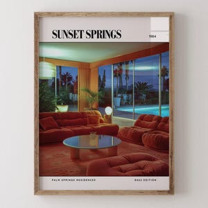 Sunset Springs / Poster di lusso per rivista di interior design anni '80, stampa artistica da parete vintage anni '80, arredamento estetico retrò