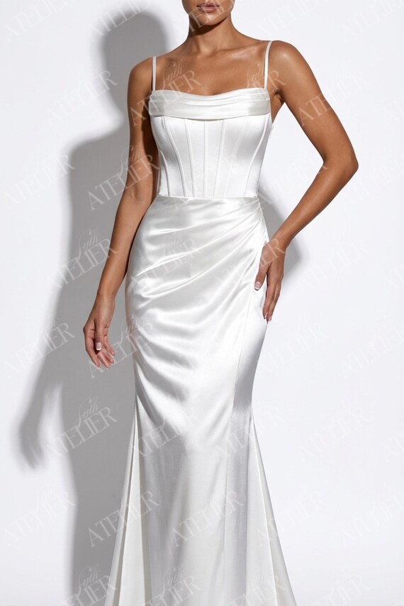Cipher | Glossy Charmeuse Satin Made-to-Measure Wedding Dress, Bespoke Corset Bodice Mermaid Bridal Gown, Spaghetti Strap, Button Back Cipher | Glossy Charmeuse Satin Made-to-Measure Wedding Dress, Bespoke Corset Bodice Mermaid Bridal Gown, Spaghetti Strap, Button Back