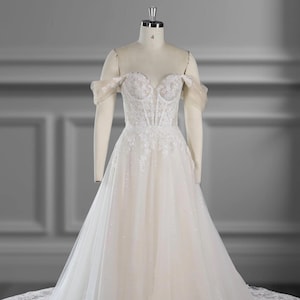 Sparkly Tulle Wedding Dress With Lace Applique, Off Shoulder Bridal Gown, Sweetheart Corset Bodice, A-Line Train, Romantic Glitter Dress