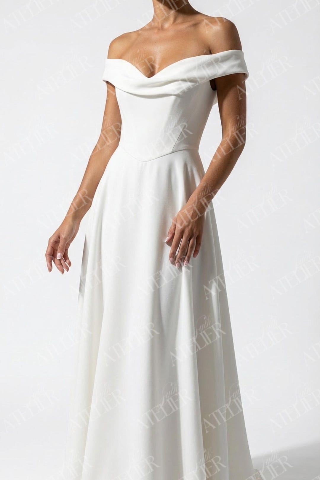 Stretch Basque Soft Stretch Crepe off Shoulder Wedding Dress, Draped Minimalist A-line ...