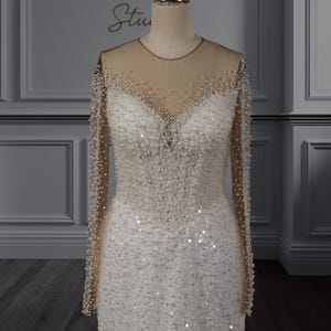 Perlen Perlen Meerjungfrau Brautkleid, Langarm Pailletten Brautkleid, Illusion Mesh Ausschnitt, Glitzernde Schleppe, Luxus Glitzer Couture Kleid