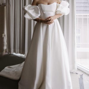 Satin Ball Gown Wedding Dress, Off Shoulder Puff Sleeve Bridal Gown With Train, Minimalist Structured Bodice Dress, Modern Luxe Gown