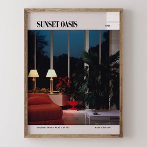 Sunset Oasis / Poster di lusso per riviste di interior design anni '80, stampa artistica da parete vintage anni '80, arredamento estetico retrò