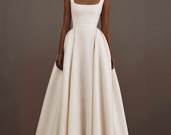 Aurelia | Silk Mikado Wedding Dress, Square Neckline Bridal Gown, Pearl Button Back, Pleated A Line Ball Gown, Made to Measure
