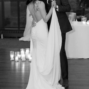 Low Back Wedding Dress, Mermaid Bridal Gown, Spaghetti Strap, Fitted Modern Silhouette, Crepe Minimalist Train, Sexy V-Neck Slip Style