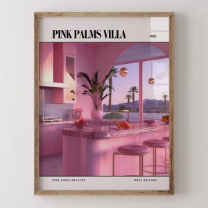Pink Palms Villa / Poster di lusso per rivista di interior design anni '80, stampa artistica da parete vintage anni '80, arredamento estetico retrò