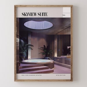 Suite Skyview / Poster di lusso per rivista di interior design anni '80, stampa artistica da parete vintage anni '80, arredamento estetico retrò