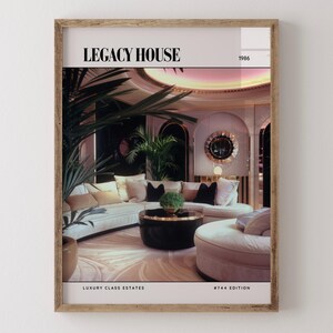 Legacy House / Poster di una rivista di design d'interni di lusso degli anni '80, stampa artistica da parete vintage anni '80, arredamento estetico retrò