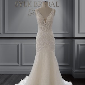 Lace Mermaid Wedding Dress with Plunging V Neck, Open Back Bridal Gown, Sparkly Fitted Lace Train Wedding Dress, Sexy Elegant Wedding Dress