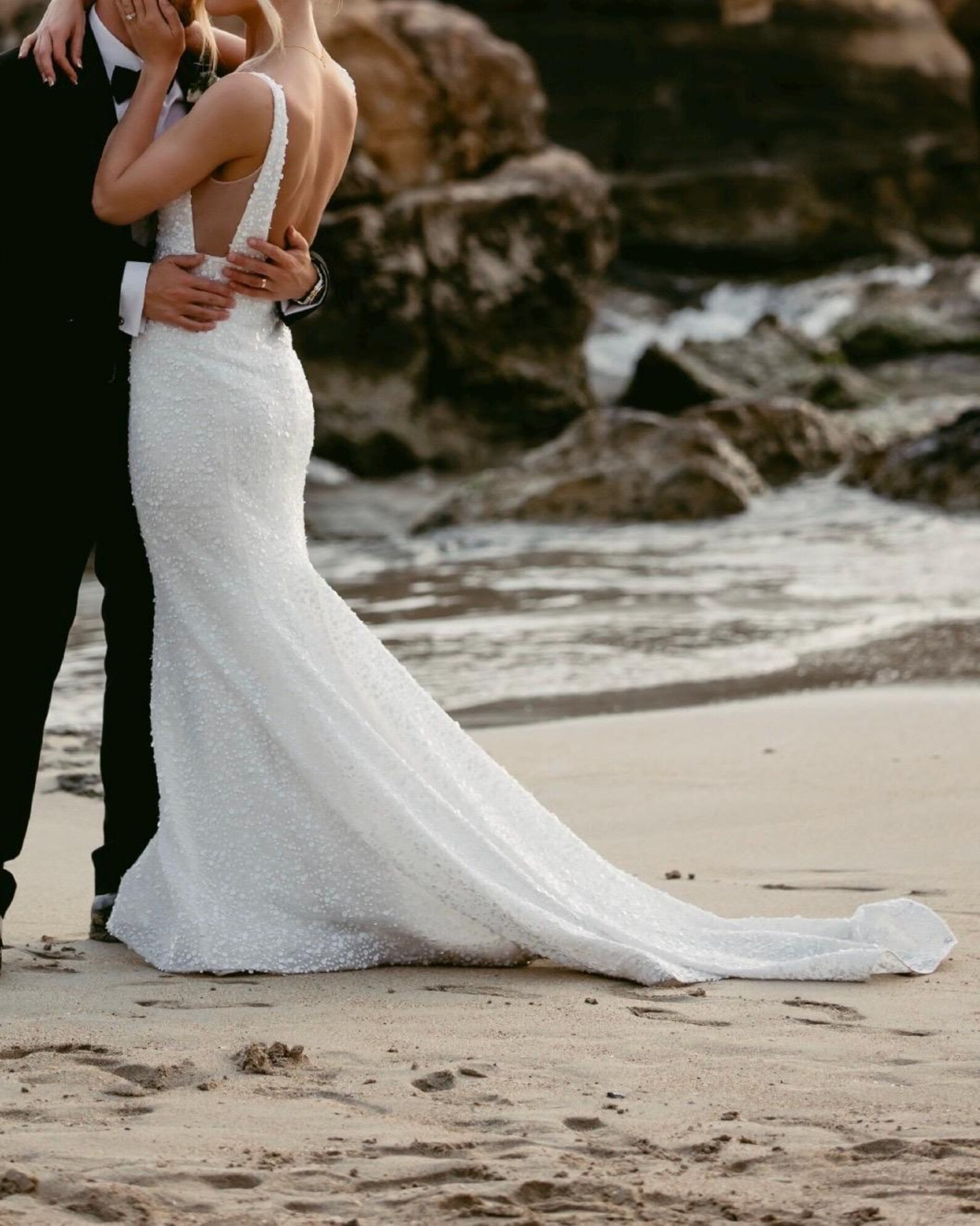 Sequin Wedding Dress – Sheath Gown With Train – Low Back Bridal Dress ...