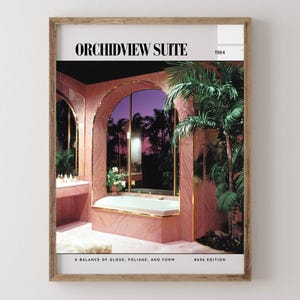 Orchidview Suite / Poster di lusso per riviste di interior design anni '80, stampa artistica da parete vintage anni '80, arredamento estetico retrò
