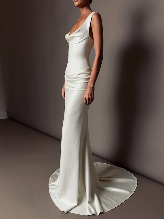 satin column wedding dress Elegant Strapless Satin Wedding Dress with Corset Bodice