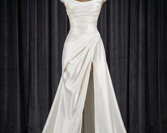 Eulalie | Off Shoulder Wedding Dress, Draped Duchess Satin Bridal Gown, Asymmetric Bodice, Split Front Skirt, Zip Back, Minimal Bridal