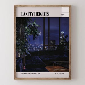 LA City Heights / Poster di lusso per riviste di interior design anni '80, stampa artistica da parete vintage anni '80, arredamento estetico retrò