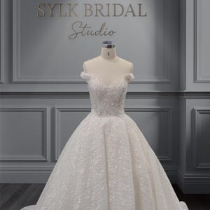 Luxury Off Shoulder Sequin Lace Wedding Dress, Sparkle Ball Gown Bridal Dress with Train, Elegant Floral Appliqué Princess Gown