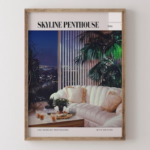 Skyline Penthouse / Poster di una rivista di design d'interni di lusso degli anni '80, stampa artistica da parete vintage anni '80, arredamento estetico retrò