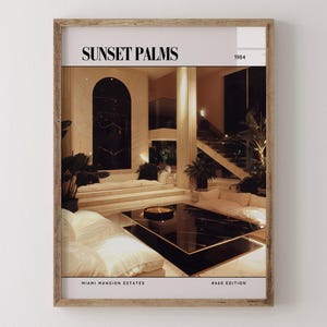 Sunset Palms / Poster di lusso per riviste di interior design degli anni '80, stampa artistica da parete vintage anni '80, arredamento estetico retrò