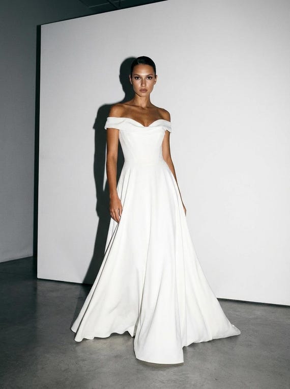 Soft Stretch Crepe Off Shoulder Wedding Dress, Draped Minimalist A-Line Bridal Gown, Modern Rounded Basque Waist With Elegant V-Back